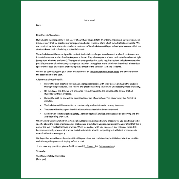 KY Safe Schools Week Lockdown Letter